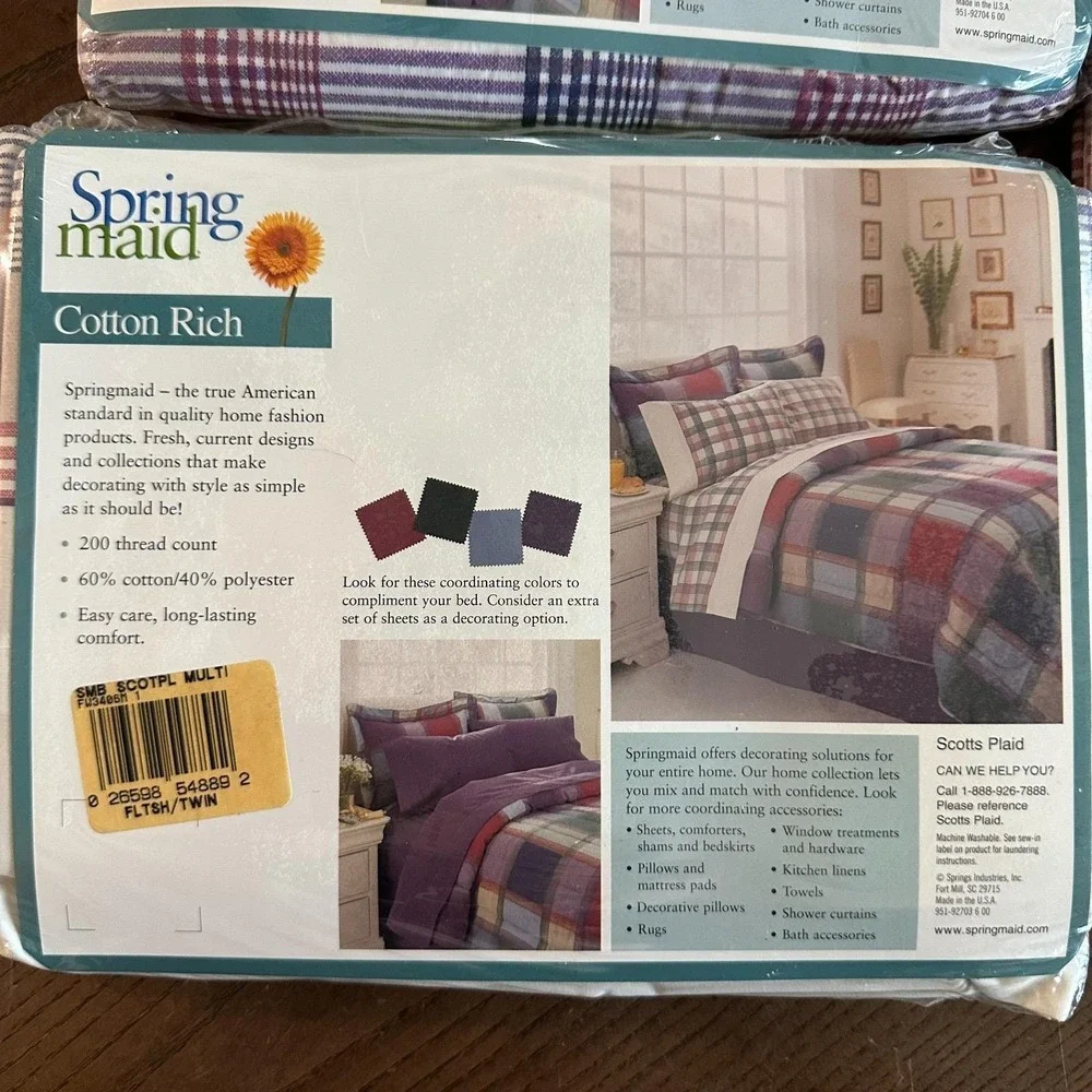 Vintage Springmaid Cotton Rich Twin Flat Sheet NEW Scotts Plaid Pink Green‎